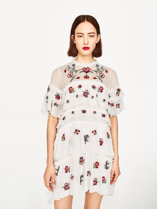Zara Dresses & Skirts - ZARA Boho Embroidered Floral Ruffle White Mini Dress